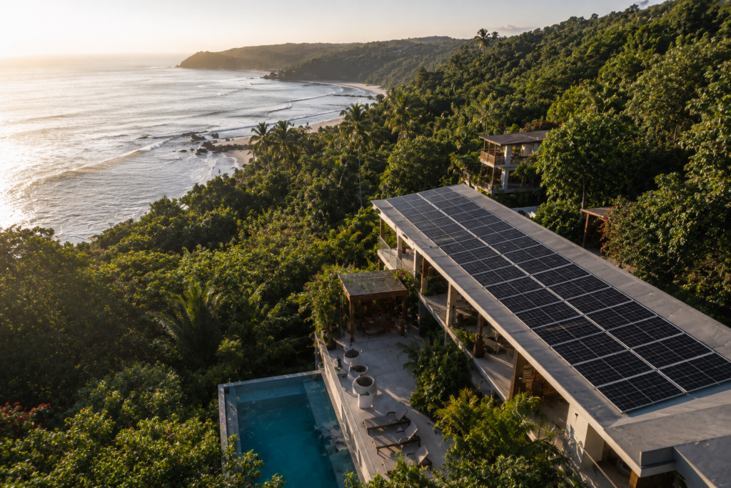 Solar panels on a beachfront villa with pool and ocean view, Nicoya Peninsula, Costa Rica