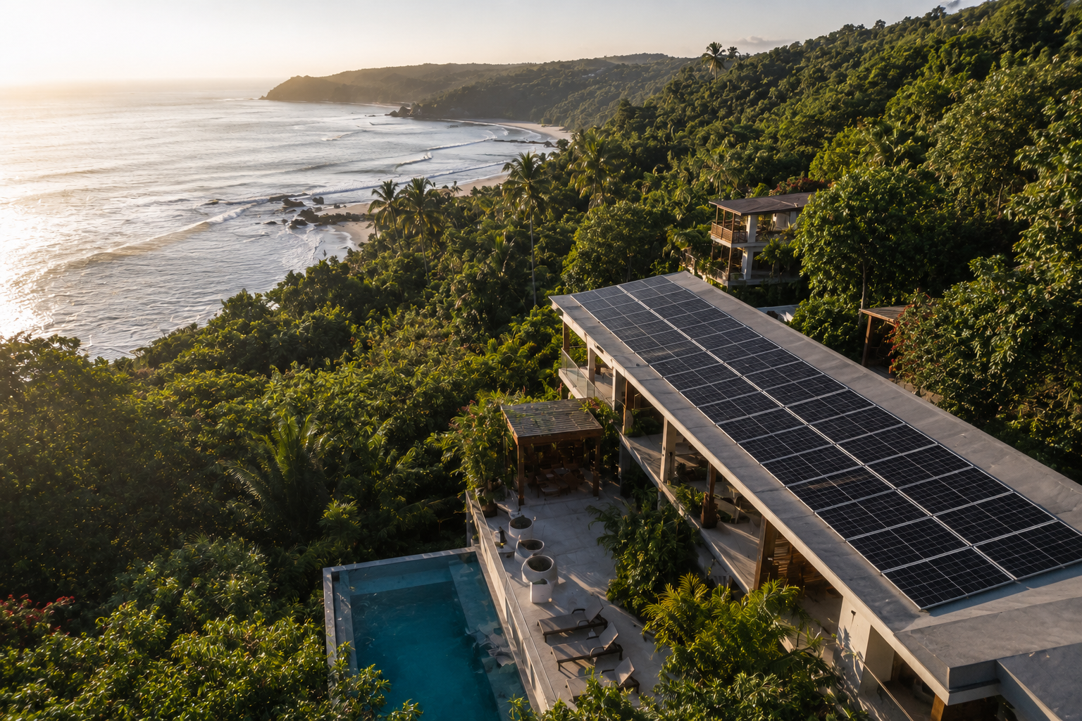 Solar panels on a beachfront villa with pool and ocean view, Nicoya Peninsula, Costa Rica